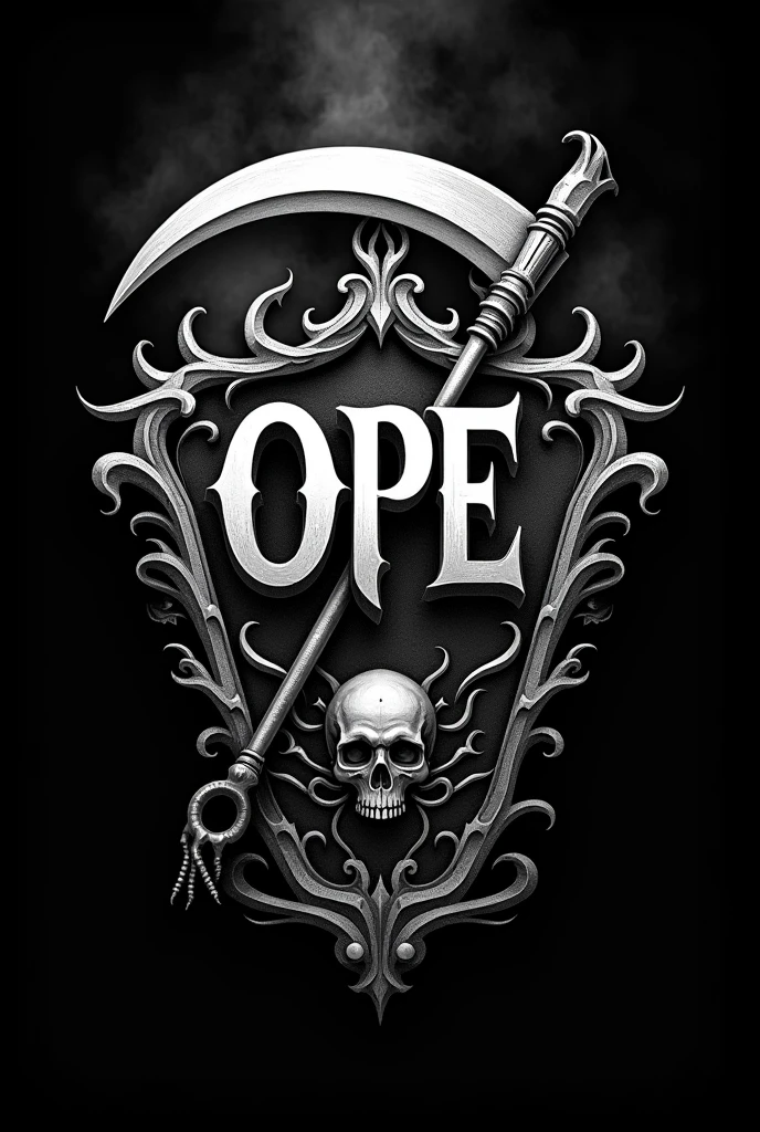 write the capitals word "OPE" as a funerar logo with some fire, scythe, black and coffin
a funny logo