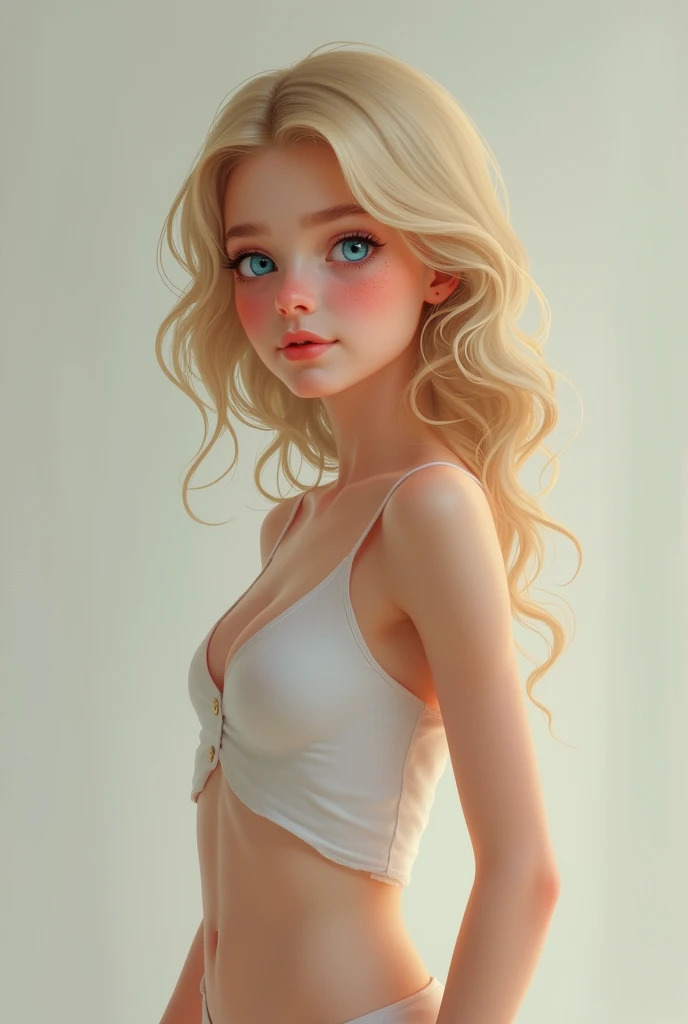 Create a young girl, blonde, blue eyes, parts, short wavy hair and nice body.