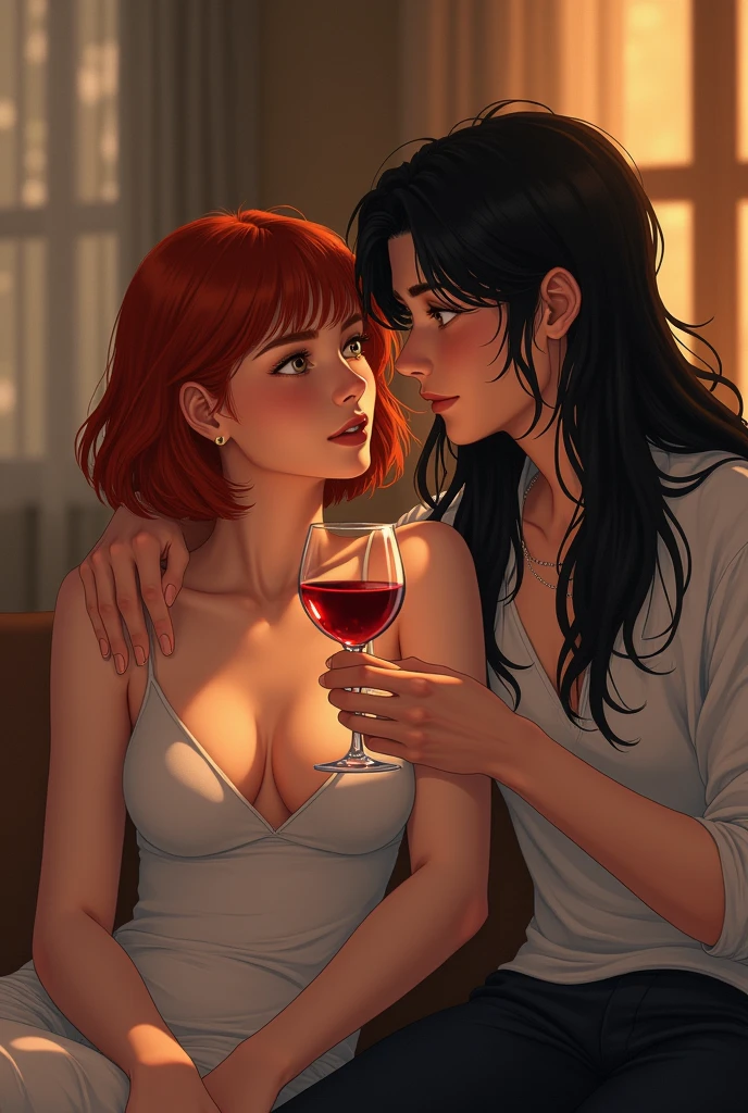 white girl, redhead with very short hair, drinking wine, while her boyfriend, a light brunette boy, with long black hair, takes care of her