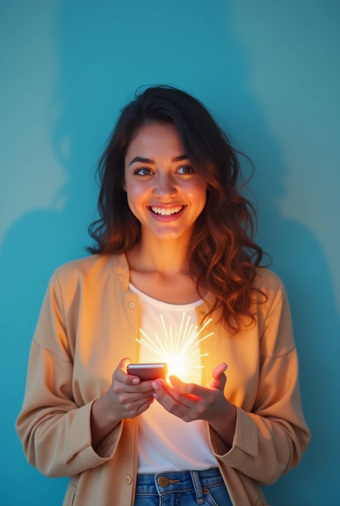 Beautiful surprised and happy woman shopping online on a blue background