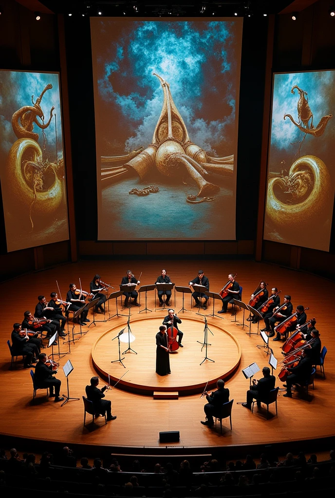 a big scene for musical concert for two instruments (kanun and tar, arabic instruments) and orchestra . beautiful bigscene that feature also 3 screens for visual art behind the place of artists. and with screen. aand in the middle of the scene there is a circle in the middle for the two main artists. the orchestra is not two big, just 4 violin, 1 cello, 2 percussion, one in the left, one in the right. and the two main artists in the middle in the circle