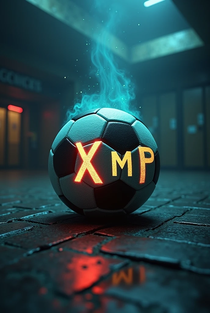 Generate an image about football sports betting, on a soccer ball inside a betting house and add the letters XMP around the ball so that the letters can be seen