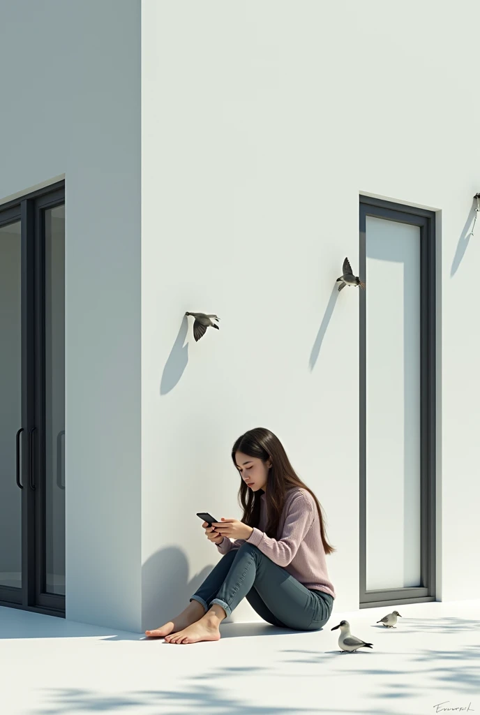A black-haired girl of about 30 years old is sitting in a white house with black windows and little birds on it., and that he is making an AI invention on the cell phone