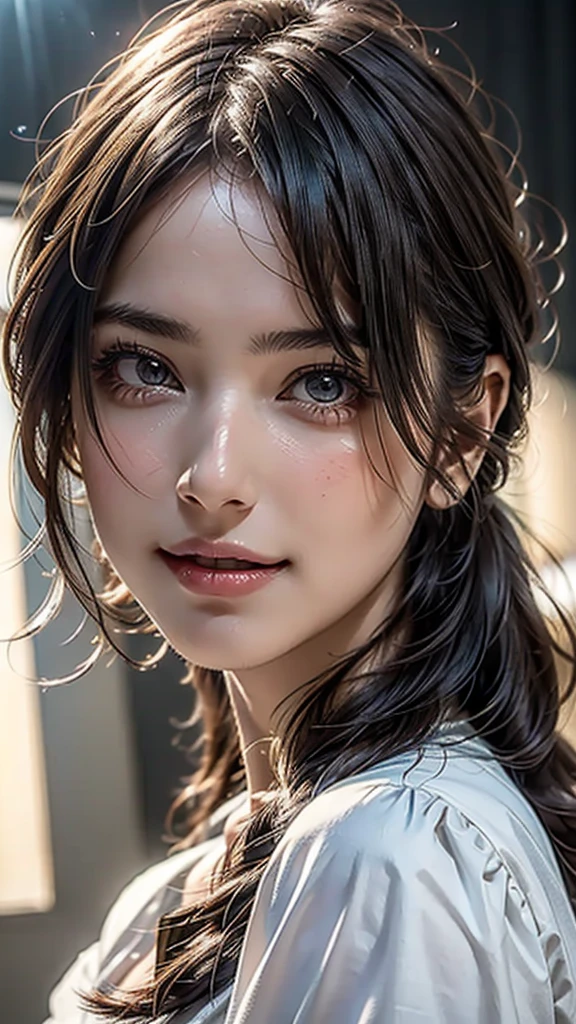 Dressed, (photo Realistic:1.2), (hyper Realistic:1.2), (Realistic:1.2),, (Smoother lighting:1.05), (Improving the lighting quality of movies:0.9), 32K,, One girl,20 years old, Realistic lighting, Backlight, Light on the face, Ray-tracing, (Bright light:1.2), (Improvement of quality:1.4),, (Highest Quality Real Texture Skins:1.4), Detailed drawn eyes, Detailed painted face, Quality Eyes,, (Tired, sleepy and satisfied:0.0), Face close-up, T-Shirts,, (Enhance the mood of your body line:1.1), (Enhances the beauty of skin texture:1.1)
