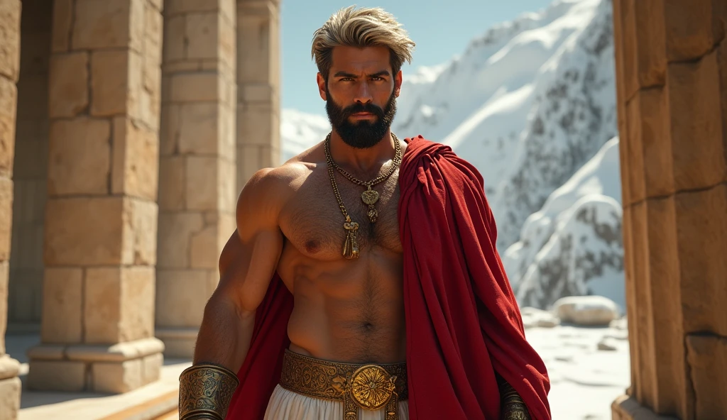 ((artwork)) ((body completo)) ((30 year old man)) body: brownish skin, high, muscular, ((body hair)) ((platinum ruby hair)) male face, barbarian, pretty eyes, detailed eyes ((gold eyes)). Expression: seductive, sonrisa seductive. CLOTHES: Red Greek Cape, TOGA BLANCA, gold ornaments, greek prince ornaments. pose: dynamic. scene: greek temple, Greek columns. Decor: winter, Decor de winter brillante, wonderful lighting.