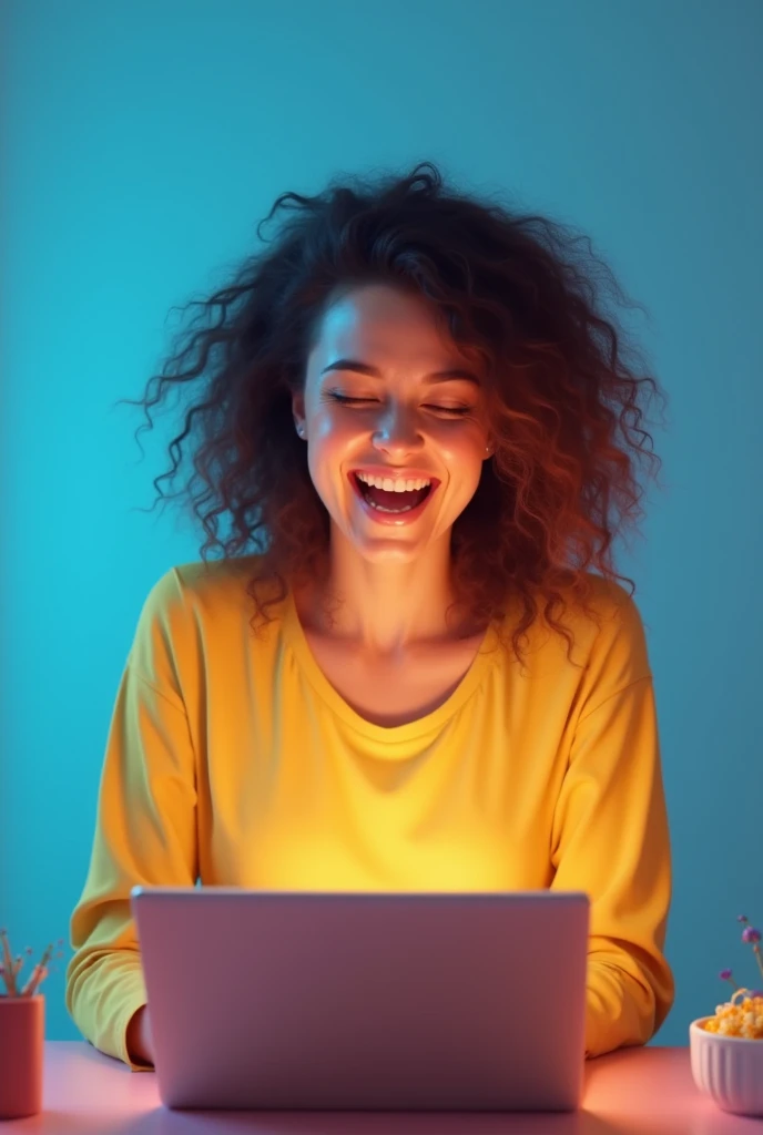 Beautiful surprised and happy woman shopping online on a blue background