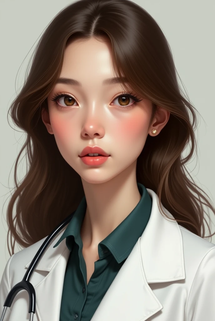 doctor long brown hair, finely eye, fine nose, medium mouth, low height
