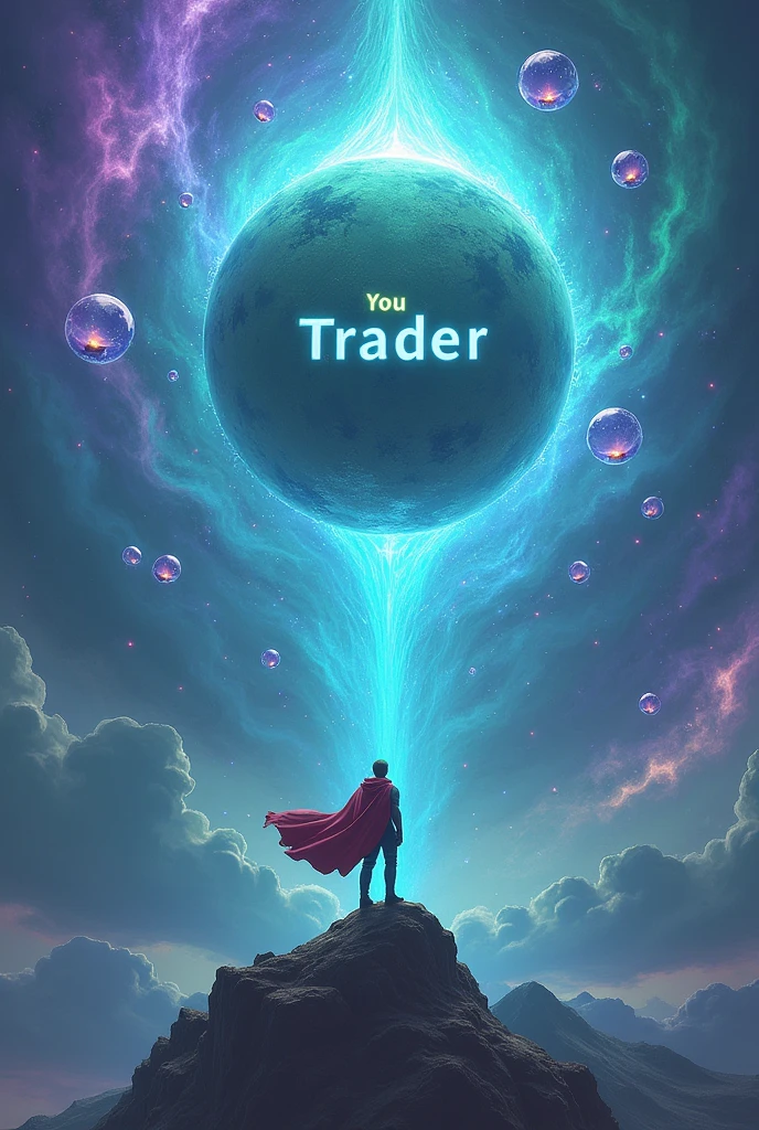 Universe nebula with massive sphere in the blue center with the word YOU TRADER in the center of the sphere and blue rays coming out of the sphere and with a man with a big red wind scarf looking up ,on top of a mountain and sphere exploding with a lot of energy with small transparent purple bubbles with green graphic candle inside the bubbles