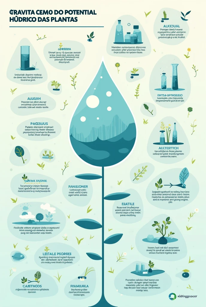 mind map with the theme of water potential of plants, with little text, some pictures, in Portuguese, landscape format, for presentation of work at college