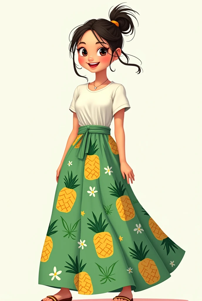 Animated girl wearing a white blouse and a long green skirt with pineapples and sugar cane on her skirt and her hair tied up