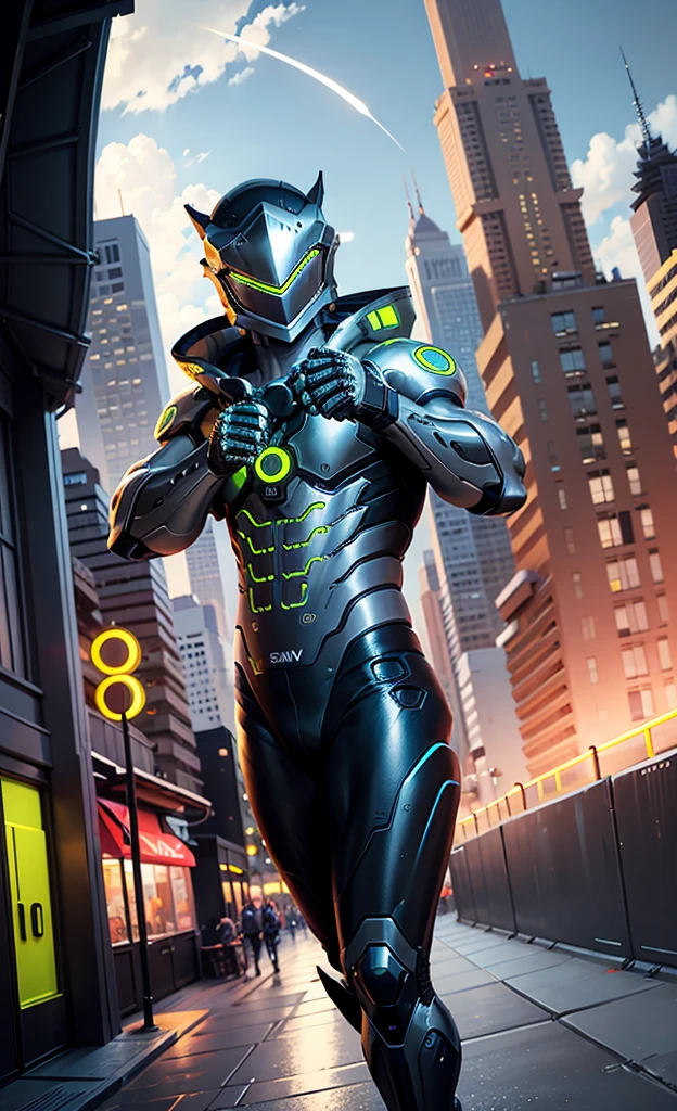 a OWgenji, neon city, power pose, action pose,