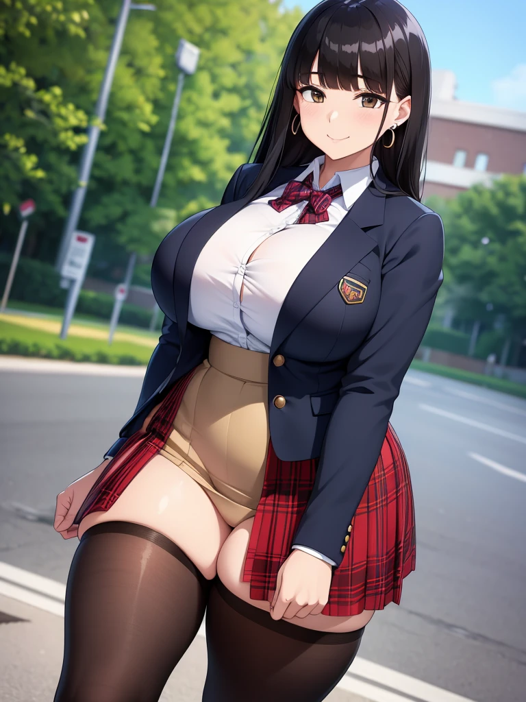 (best quality,4k,8k,highres,masterpiece:1.2), ultra-detailed, UHD, studio lighting, ultra-fine painting,sharp focus, physically-based rendering, extreme detail description, professional, vivid colors, bokeh, sexy woman, huge breasts, large breasts, curvy, voluptuous, black hair (straight bangs), brown eyes, long hair, female high school uniform, high school short plaid skirt, earrings, smile, walking, solo focus, high school, outdoors