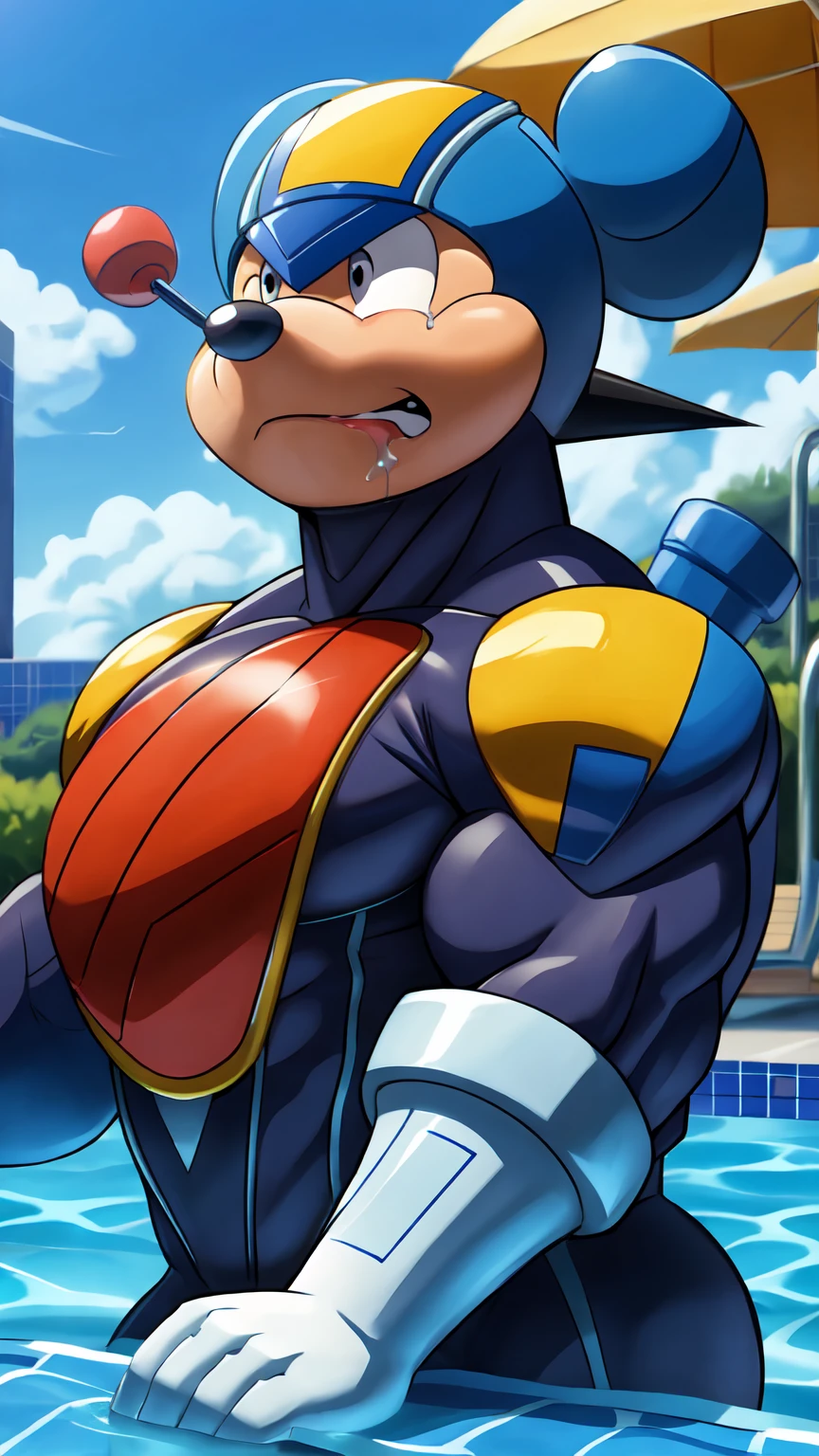 Highest quality,8k,professional art,t0p0m1k1,Mickey Mouse,Imminent sexual activity,Huge erect penis,Huge muscles,Poolside,Crying face,Lots of drool,Rockman EXE patterned suit,Suffering face,Wrinkles between the eyebrows,brainwashing,Tinkering with the brain