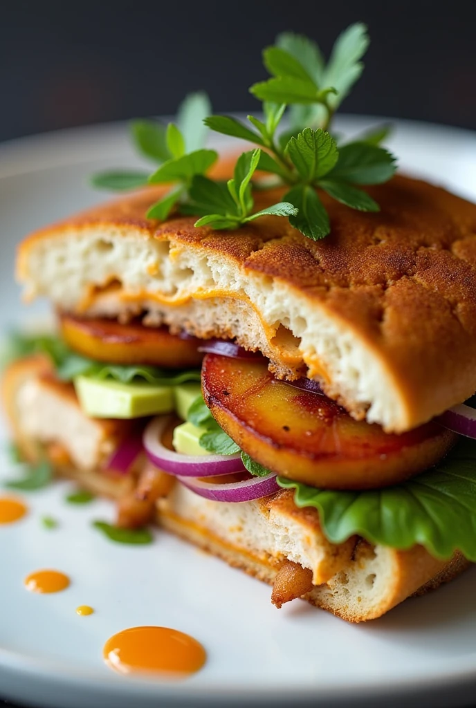 Manabita sandwich with ripe plantain, with gourmet style plating