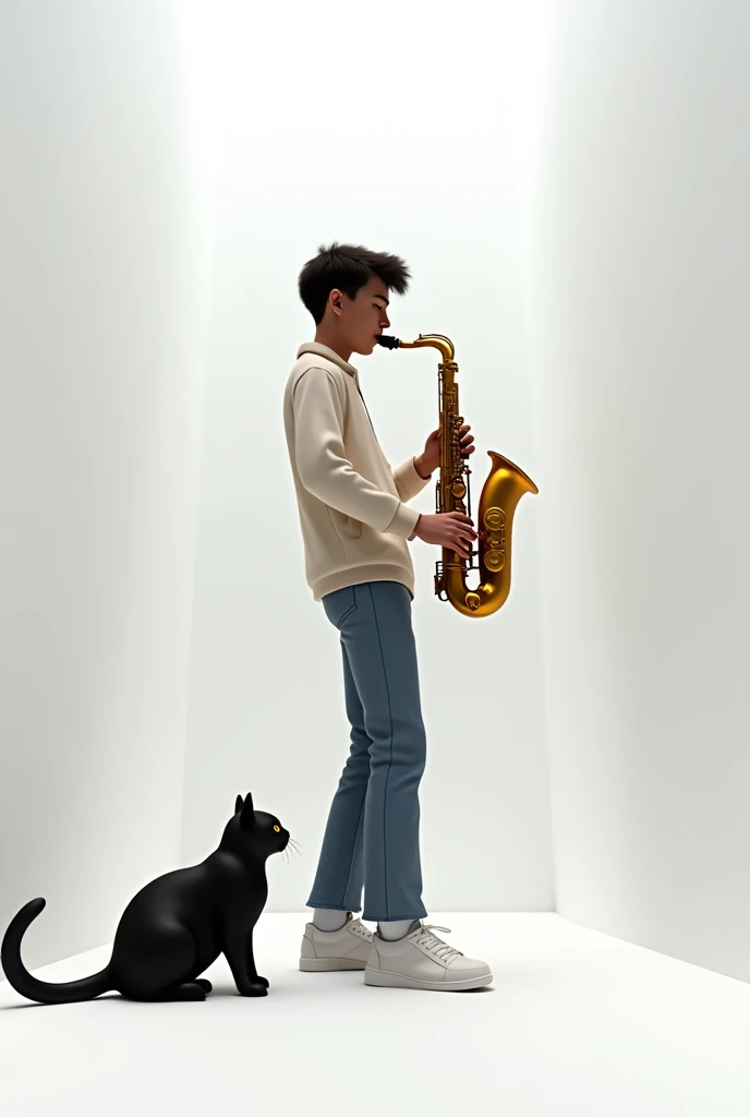 Young non-black saxophonist in a white square panoramic shot with a black cat