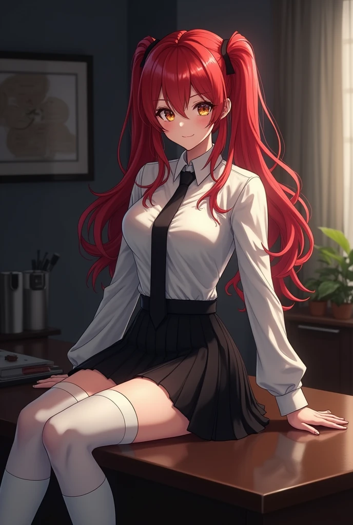 Create the following image: The image shows a woman with red hair, tied in two long pigtails, each one on one side of his head, hazel eyes and white skin. She is sitting on the edge of a table, with her legs crossed and a lustful smile on her face. Wear a white long-sleeved blouse, a black tie, a black pleated skirt and white knee-high stockings. The background is a dark office, and his eyes stand out in the darkness. anime style