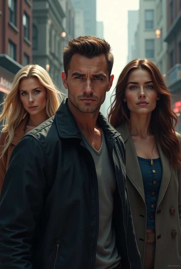 A man with short hair and 2 women, one blonde and one brunette, are standing investigating.