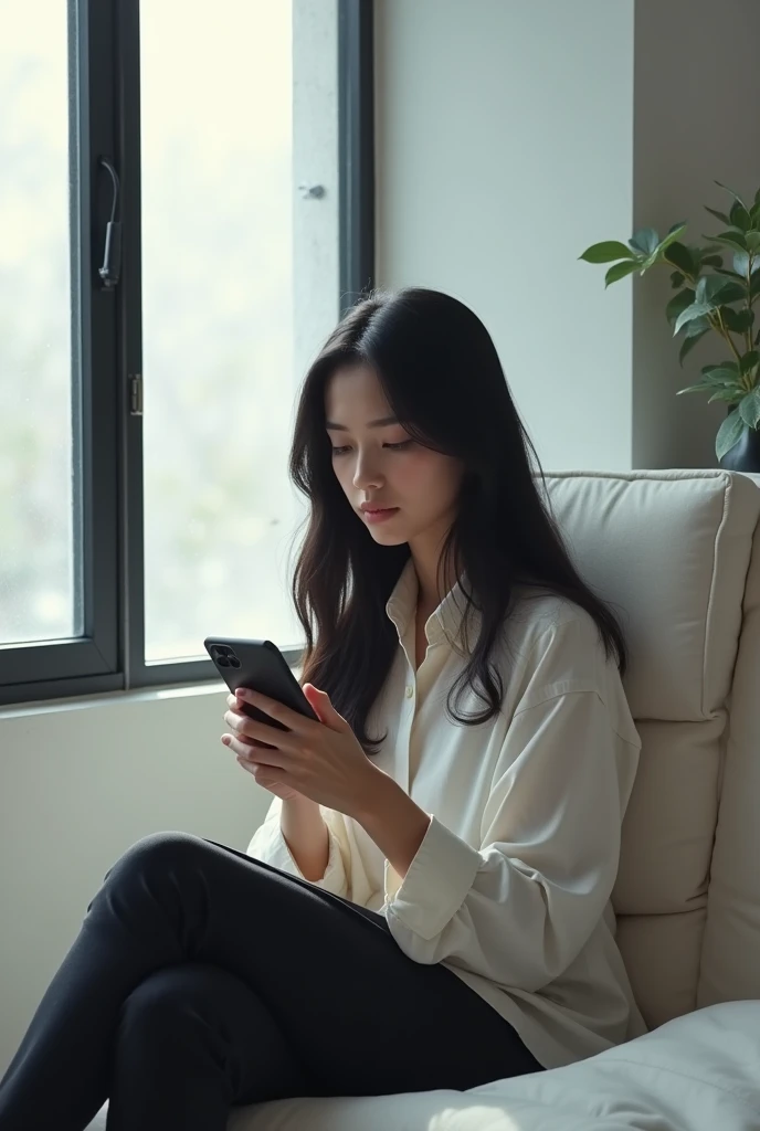 A black-haired girl of about 30 years old who is sitting on a chair but closer in a white house with black windows and little birds on it, and that he is making an AI invention on the cell phone 