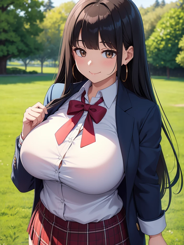 (best quality,4k,8k,highres,masterpiece:1.2), ultra-detailed, UHD, studio lighting, ultra-fine painting,sharp focus, physically-based rendering, extreme detail description, professional, vivid colors, bokeh, sexy woman, huge breasts, large breasts, curvy, voluptuous, black hair (straight bangs), brown eyes, long hair, female high school uniform, high school short plaid skirt, earrings, smile, standing, solo focus, high school, outdoors