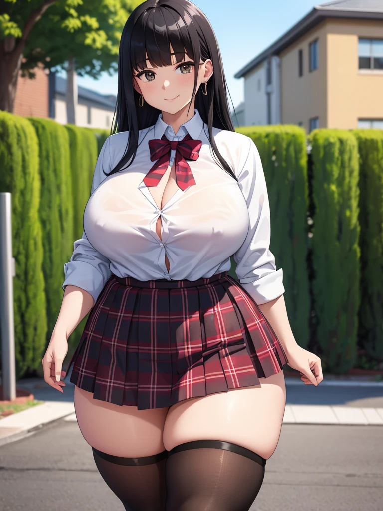 (best quality,4k,8k,highres,masterpiece:1.2), ultra-detailed, UHD, studio lighting, ultra-fine painting,sharp focus, physically-based rendering, extreme detail description, professional, vivid colors, bokeh, sexy woman, huge breasts, large breasts, curvy, voluptuous, black hair (straight bangs), brown eyes, long hair, female high school uniform, high school short plaid skirt, earrings, smile, standing, solo focus, high school, outdoors