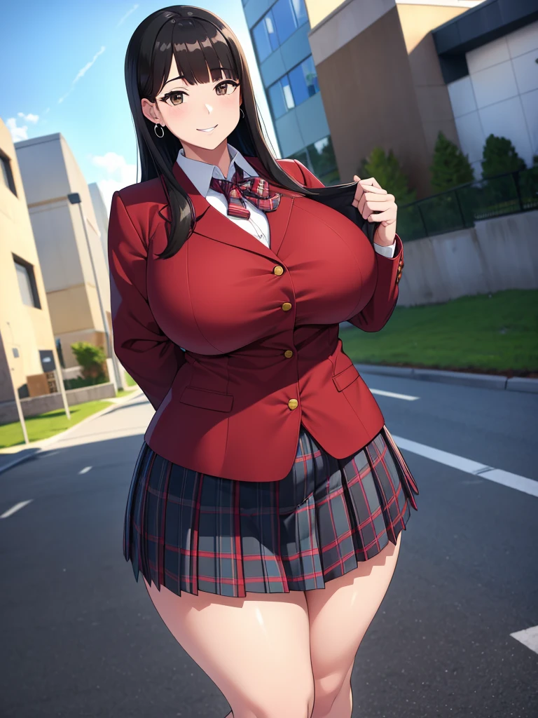 (best quality,4k,8k,highres,masterpiece:1.2), ultra-detailed, UHD, studio lighting, ultra-fine painting,sharp focus, physically-based rendering, extreme detail description, professional, vivid colors, bokeh, sexy woman, huge breasts, large breasts, curvy, voluptuous, black hair (straight bangs), brown eyes, long hair, female high school uniform, high school short plaid skirt, earrings, smile, standing, solo focus, high school, outdoors