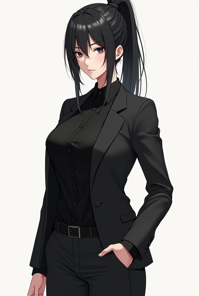 ((masterpiece,best quality,8k,highres)),((character concept art)), 1 female, young adult female, Yumi Tanaka, 1, (black shiny hair tied in a knot), black hair, (fair skin colour), ultra finely detailed eyes (mysterious black eyes colour), quiet, stoic, calm, perfect body build ((slim, athletic, busty)), ((intricate detail)), super finely detailed hands, ultra finely detailed fingers(((ten fingers))), wearing black dress shirt, black blazer, black trousers, (standing with confidence), (full body showcase), (show full body), (no logos on background), (no logo), ((plain background)), ((plain background)), (((empty background)))