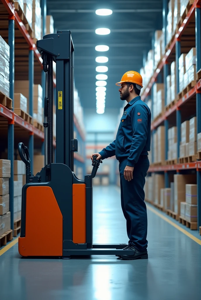 Realistic image of automated lift truck and picking robots operator in factories, with focusing on modern machinery and technology. it's based on Netherlands so there is blue and orange colors