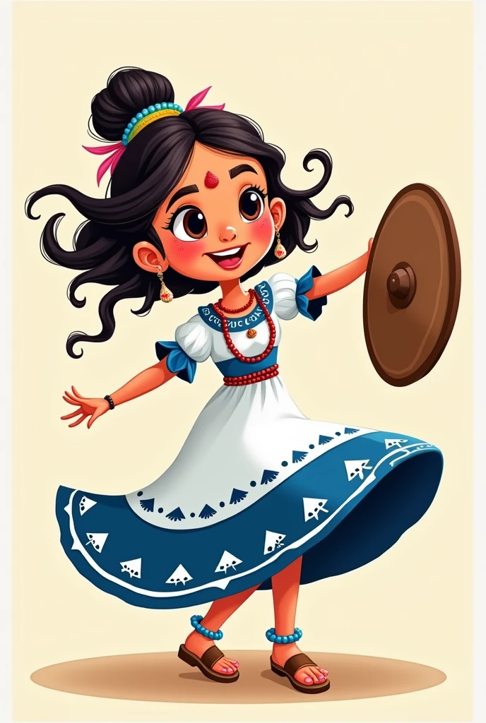 Cartoon drawing of a female child wearing a long, white and blue Indian traditional dress and dancing and wearing the Salvadoran shield, jute sandals and El Salvador dancing and wearing a scapular  