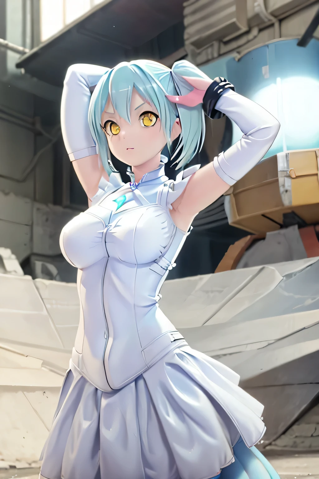 Perfect Anatomy　Highest quality,Highest Resolution,(((White shiny dress　Light blue hair)))　[[[blurry]]]　16K　Removable sleeves　Sleeveless dress　Yellow Eyes　Advance Wars Tabitha