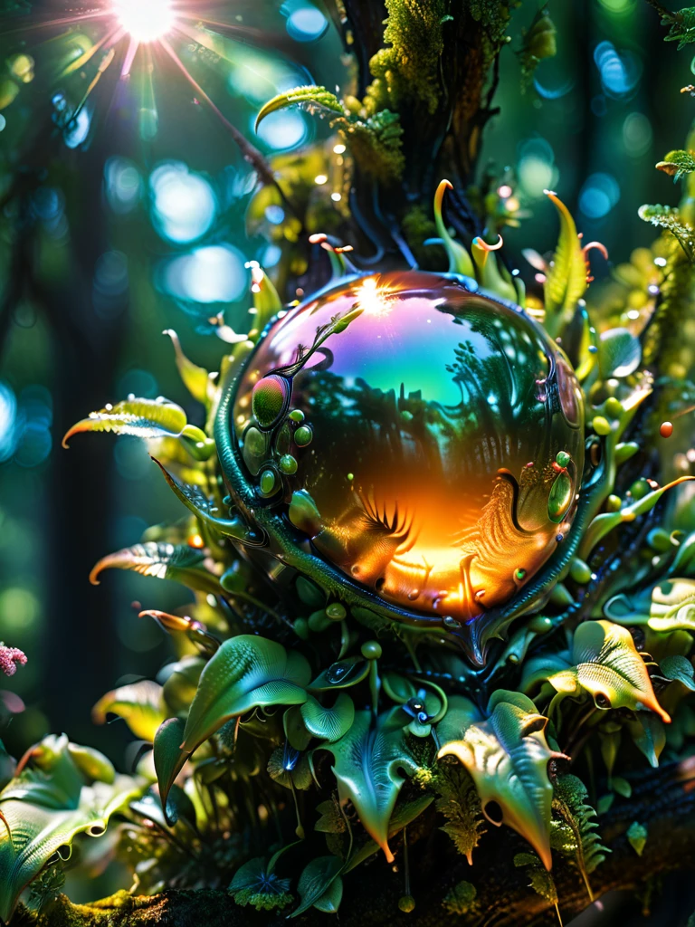 Alien flora, breeding on the trees, on another planet alien, Futuristic, foam, tactical, sleek, highly detailed forest, sunny day in forest, Miki Asai Macro photography, close-up, hyper detailed, trending on artstation, sharp focus, studio photo, highly detailed, macro photo, by greg rutkowski, intricate details, realistic, 8k, sharp details, masterpiece, artstation, Panoramic, iridescence, hdr, sun light, metallic, Ultra HDR,Realistic, Cinematic Portrait, Cinematic photography, Masterpiece 