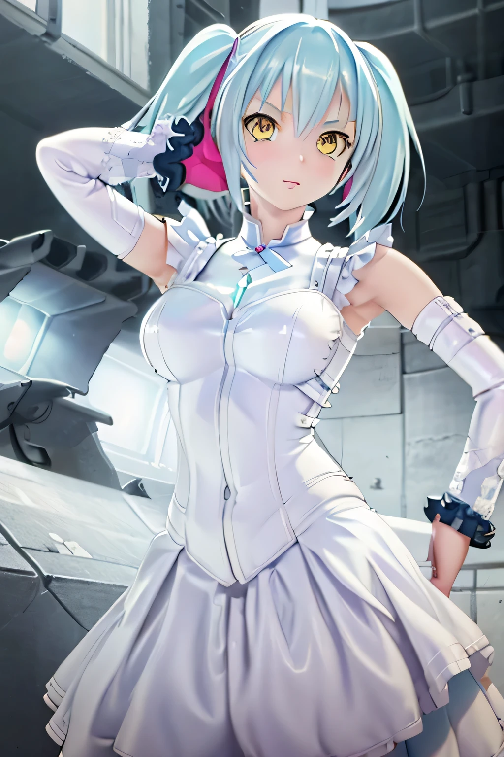 Perfect Anatomy　Highest quality,Highest Resolution,(((White shiny dress　Light blue hair)))　[[[blurry]]]　16K　Removable sleeves　Sleeveless dress　Yellow Eyes　Advance Wars Tabitha