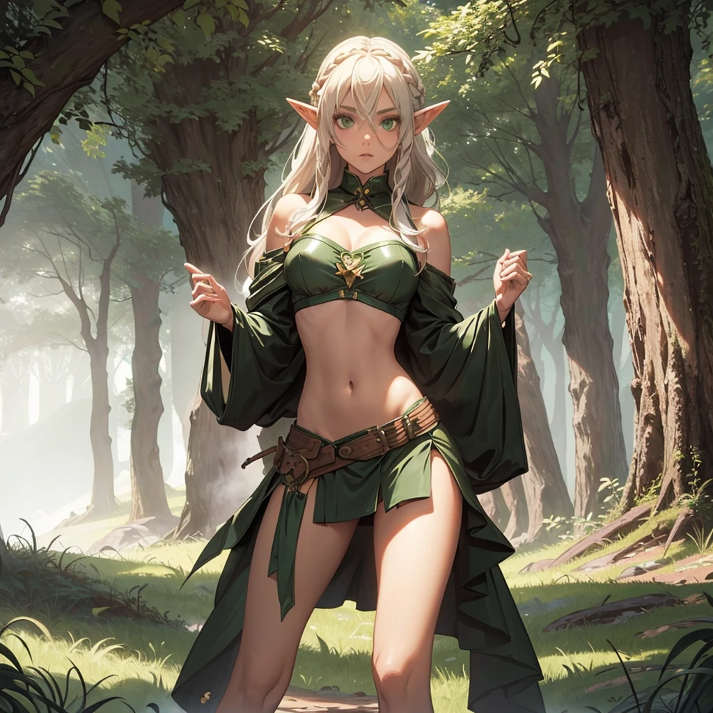 FULL BODY, perfect face, pretty face, elf, 1girl, forest, white hair, viking top braid, green eyes, leather, (skimpy low skirt), bare arms, (bare stomach),  (bare pelvis) , bare arms, short green cloak, dark, gritty