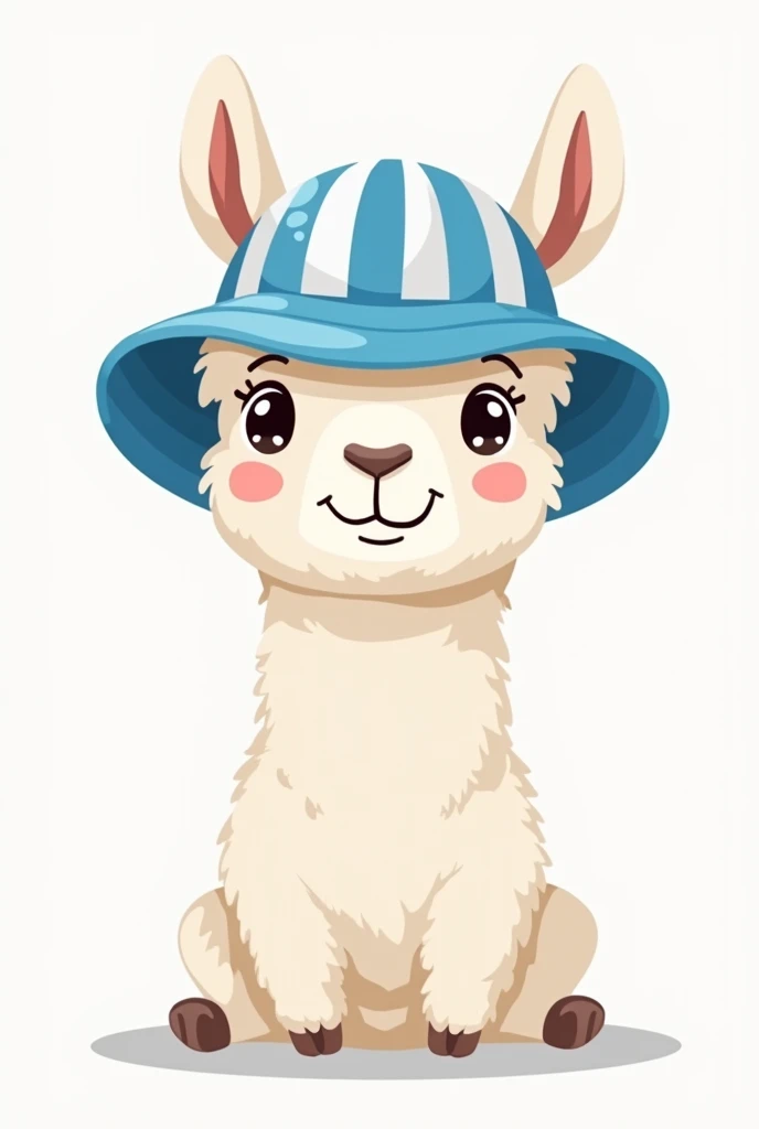 llama wearing a stripped blue and white bucket hat with stripes going vertical and looks cartoonish