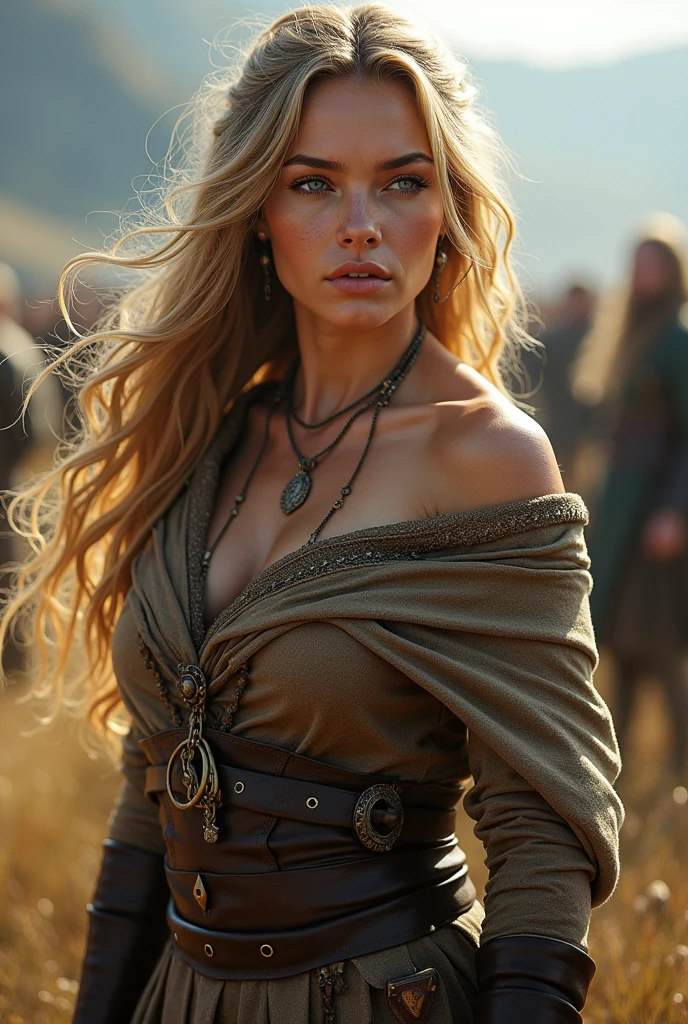 Masterpiece, a beautiful Viking woman, ((Marilyn Monroe: Michelle Pfeiffer:0.5)), Dressed with a small short loincloth, (high detail plunging Celtic gown), (medium breasts), (perfect body), (blonde matted hair), (short hairstyle), outside, (skin texture:1.1), best quality, ultra-high res, Raw photo, Nikon D850, backlight, rim light, bright sunlight, film grain:1.2, (warm hue, warm tone:1.2), (color photo), fantasy Viking village background