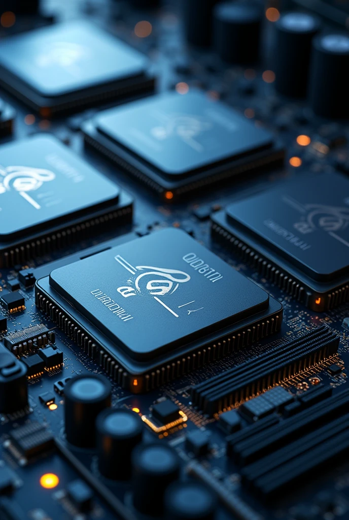 There are 8 of the same CPU on one motherboard. It says ‘QUANTRA XS4’ on them. A technological picture. the background is slightly blurred