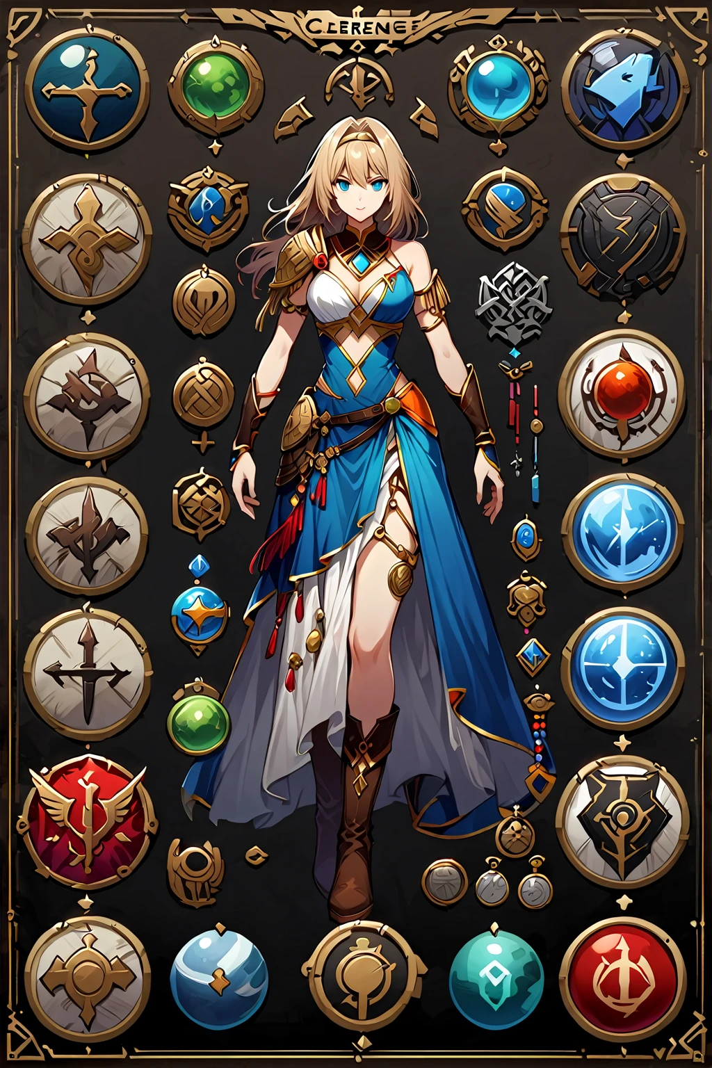 Framed Presentation of a clerge, woman character design sheet for a video game with detailed accessories, boots, multiple icons, and fantasy dancer dresses, Ball Gown, buttons to customize the character to your liking, sphere,(game icon),medal icon,rpg,(sheild icon),(magic icon),28 icons,