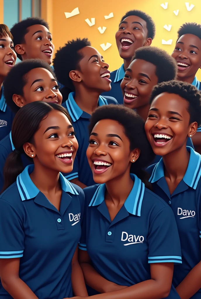 African school ers in high school laughing. They are wearing navy blue shirts with light blue stripes. Image must have decorations of words "DAYO" all over it. Must also have a message "2025 intake now open"