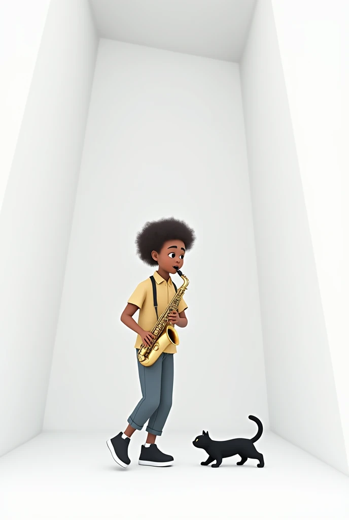 Young non-black saxophonist in a white square panoramic shot with a black cat