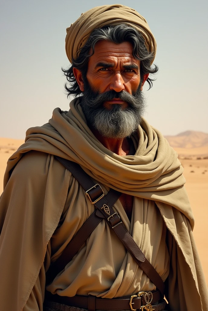 Appearance: A man of average height, with a thin but strong build.
facial features: angular face, with penetrating and expressive eyes that reflect their intelligence. He wears a short, well-groomed beard..
hair: dark and wavy, with some gray hairs that show his experience and wisdom.
outfit: He usually wears a simple tunic and a light cloak suitable for desert travel., Always accompanied by a turban to protect from the sun.
