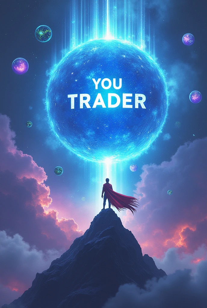 Universe nebula with massive sphere in the blue center with the word YOU TRADER in the center of the sphere and blue rays coming out of the sphere and with a man with a big red wind scarf looking up ,on top of a mountain and a sphere exploding with a lot of energy with small transparent purple bubbles with a green graphic inside the bubbles 