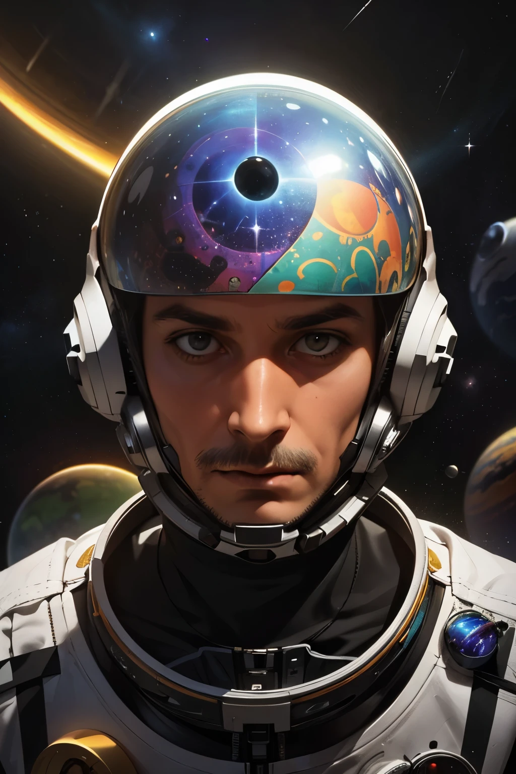 HD details, close-up of a man in a spacesuit, planets in background, psychedelic cosmic horror, psychedelic illustration, outer space, plant growth, psychotic universe, background space graphic art, cosmic illustration, outer space, cosmic LSD poster art, dmt space behind, space scene, surreal space, cosmic style