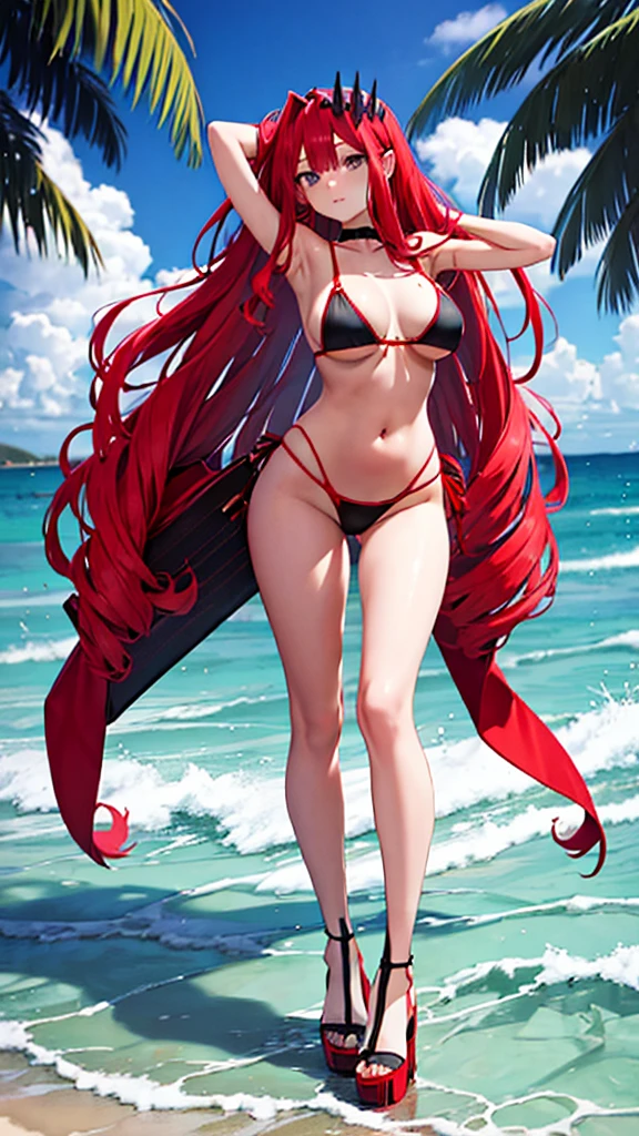 Red long hair girl，Black tiara，B cup chest，Pure red bikini，Bare Legs，high heels，Standing，Sunlight，Sea