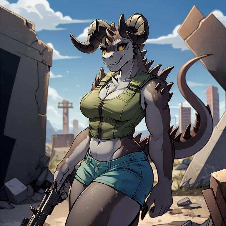 Solo, score_9,score_8_up,score_7_up, source_anime, aegis, kemono style, aegis, Anthro reptile girl, snout, green scaled skin, yellow eyes, black lips, black ram horns, tail, black lips, tall, Anthro deathclaw from fallout, deathclaw girl, (best quality), (4k), bulletproof vest, holding a rusty gun, blue shorts, in a ruined city, looking at viewer, 