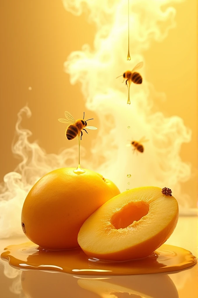 Two cut mangoes and honey around them with thick white smoke and flying bees against a background of yellow light and splashes of liquid honey