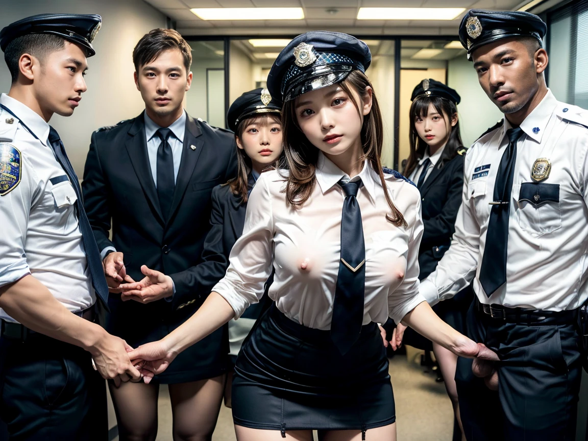 Highest quality、masterpiece、8k、Realistic、超High resolution、Very delicate and beautiful、High resolution、、Perfect female body、Beautiful woman、Mature Woman、、Looking at the audience、((Standing position:1.6))、Mid-chest、((Short Bob:1.8、Brown Hair))、((Female police officer:1.4、uniform、limited cap、uniformのボタン、tie、uniformのジャケット))、、、uniformのパッチ、、Police Badge、skirt、boots、Police Badge、、uniformのskirt ,high resolution, photorealistic, Hyperrealism, ultra sharpness, detailed eyes, best light, BREAK, 1girl, japanese, idol, kawaii, 18yo, silk skin, (black_business_skirt_suit, black jacket, black pencil skirt, white shirt:1.3), (office:1.4), BREAK, looking at viewer, (nsfw:1.5), (sex with multiple men:1.5), (gangbang:1.7), vaginale, penis in pussy, testicles, ass pov