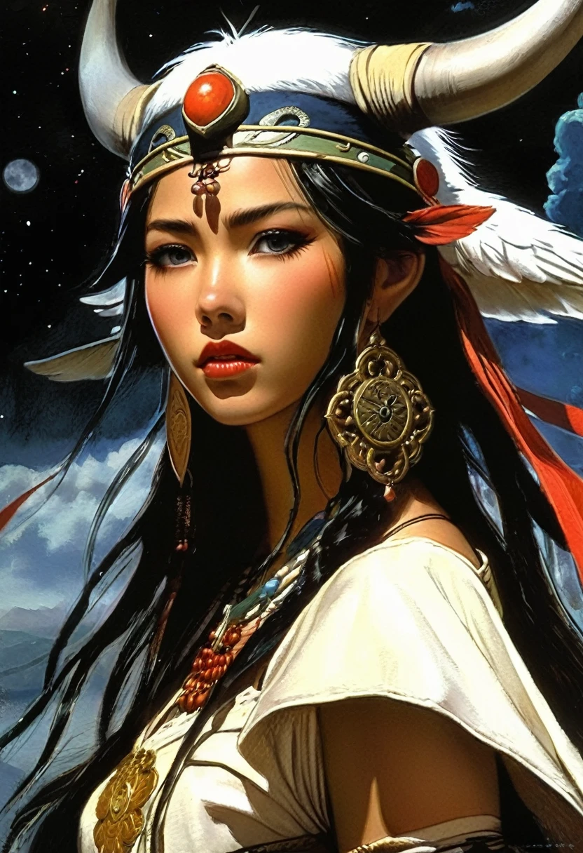 Dark Fantasy Beautiful Detailed Wind Valley Mononoke Girl, Directed by: Hayao Miyazaki, Full Moon, Detailed Face, Intricate, Elegant, Highly Detailed, Centered, Digital Painting, Art Station, Concept Art, Smooth, Sharp Focus, Illustration, Donato Giancola, Joseph Christian Leyendecker, WLOP, Boris Vallejo, Artgerm