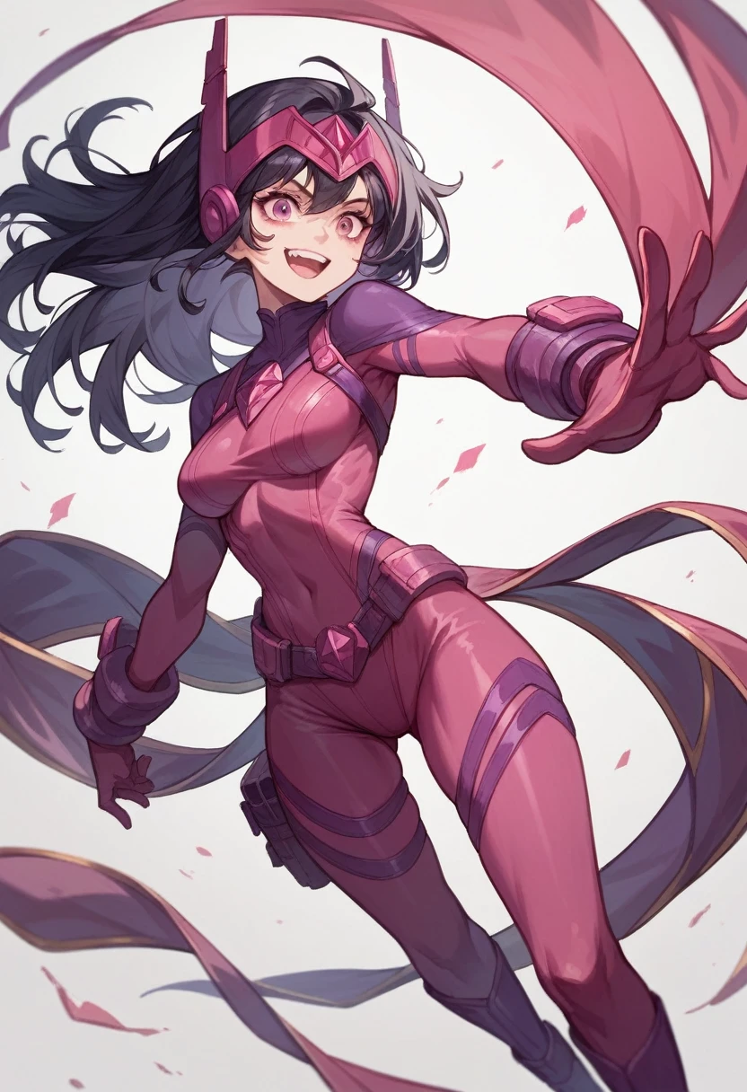 1girl, hero, long black hair, magenta face-framing headpiece, magenta spandex bodysuit, magenta thigh-high boots