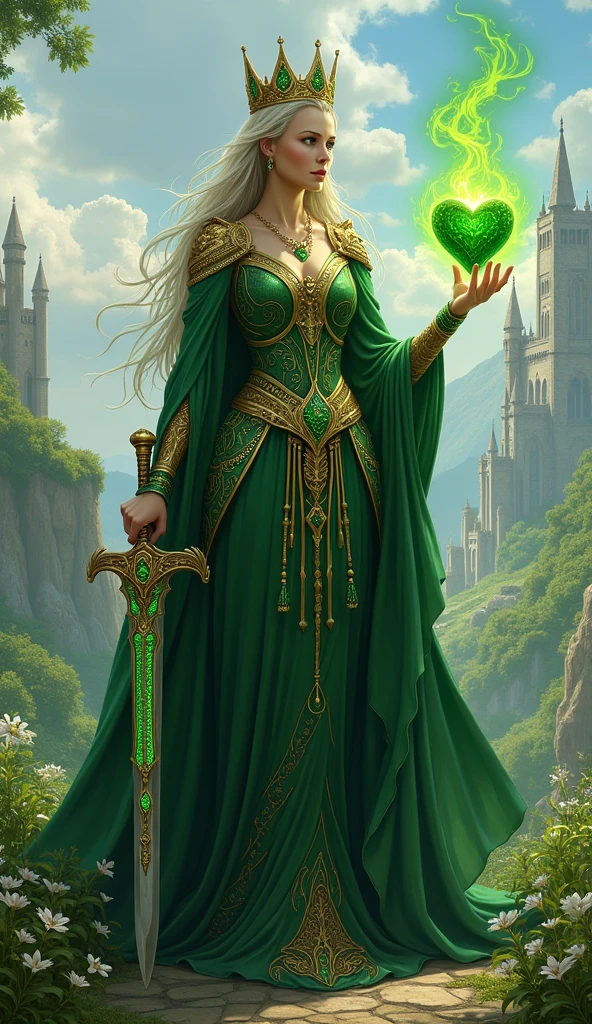 Imagine a majestic queen with green eyes. It stands against the backdrop of a magnificent kingdom with a castle and towers., surrounded by green hills and blooming gardens. In one hand, the queen holds a sword with exquisite green patterns., sparkling on the blade. And in her other hand she holds a heart., from which a green flame emanates, symbolizing strength and courage.