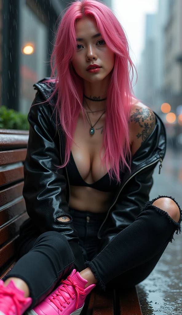 Detailed image / A beautiful white gothic Asian woman, smiling, wet moist skin, long pink hair, full of black tattoos, big breasts, wearing a black jacket, wearing ripped black jeans, wearing pink high-top Nike sneakers, sitting on a bench in a rain-soaked square, close-up image, super realistic, ultra realistic high quality image, 4k, 8k lots of details, realistic lighting and skin tone, detailed dark background