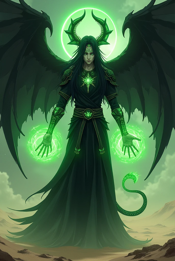 masterpiece, best quality, ultra high res, beatiful, stunning, elegant, incredible details, detailed, aura, flying feathers, (dark green theme:1.1), glowing green eyes, cinematic lighting, ultra-high quality, 8k, full body, man, long flowing black hair, handsome, pale white skin, Black long skirt, (no shirt, abs:1.1), green details, (Dark magical energy enveloping arms:1.4), looking at viewer, posing, charging a green energy with hands, cifer ulquiorra, big claws, (full face black mask with green runes:1.2), (large black seraphim wings:1.3), (angelical black halo on top of head:1.25), (big black demonic tail:1.2), desert background, solo, crazy looking, menacing, (anime style:1.5)